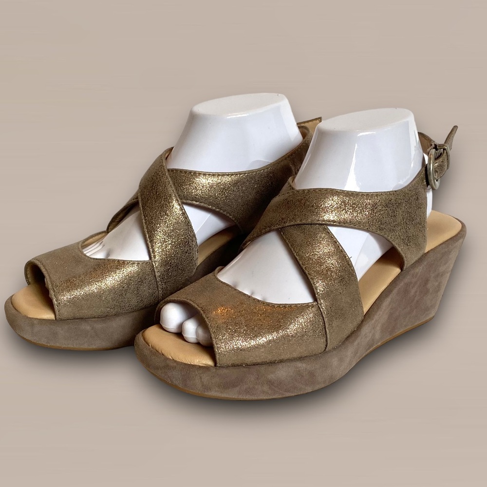 Johnston & Murphy Metallic Gold Crisscross Wedge Sandals